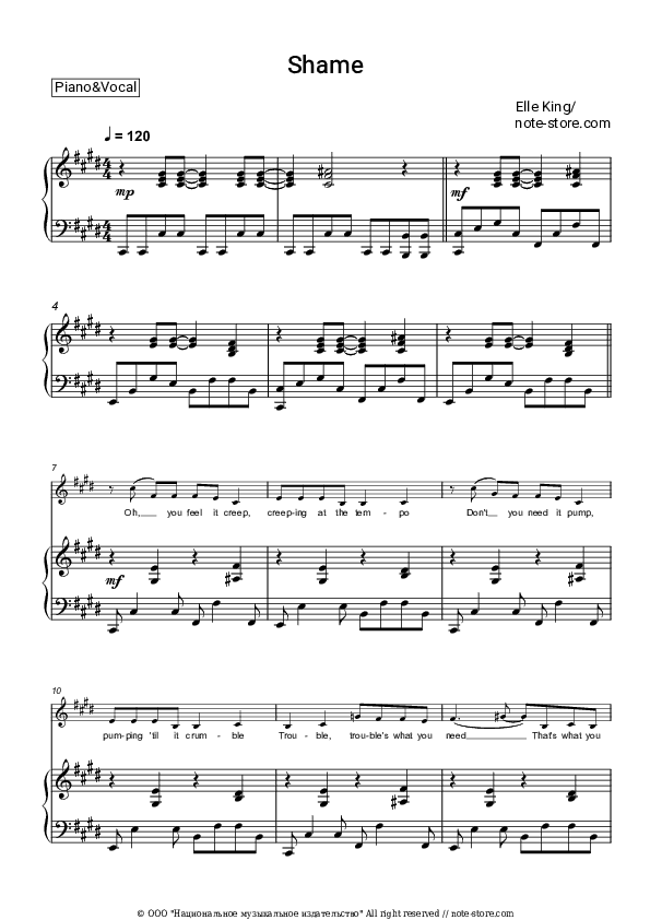 Shame - Elle King Piano Sheet Music with the Voice part - Piano&Vocal