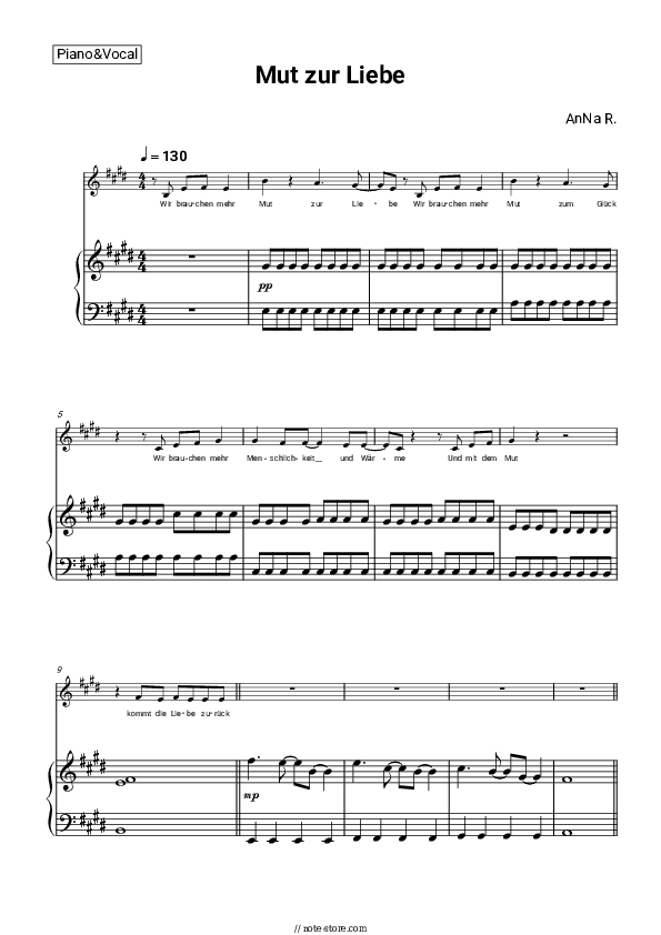 Mut zur Liebe - AnNa R. Piano Sheet Music with the Voice part - Piano&Vocal