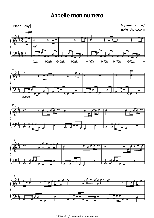 Appelle mon numero - Mylène Farmer Piano Sheet Music Easy - Piano.Easy