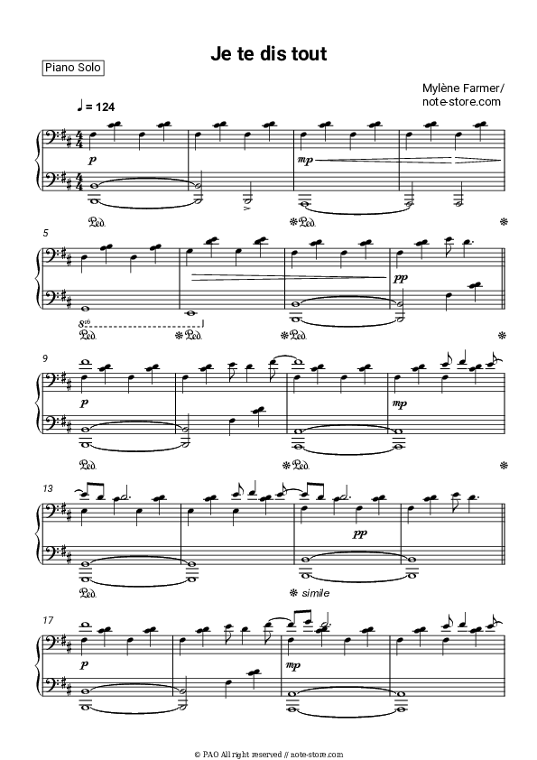 Je Te Dis Tout - Mylène Farmer Piano Sheet Music - Piano.Solo