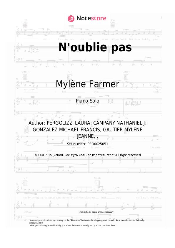 N'oublie pas - Mylène Farmer, LP Piano Sheet Music - Piano.Solo