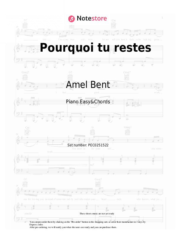 Pourquoi tu restes - Amel Bent Sheet Music Easy and Chords - Piano.Easy&Chords