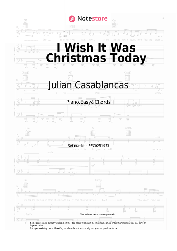 I Wish It Was Christmas Today - Julian Casablancas Sheet Music Easy and Chords - Piano.Easy&Chords