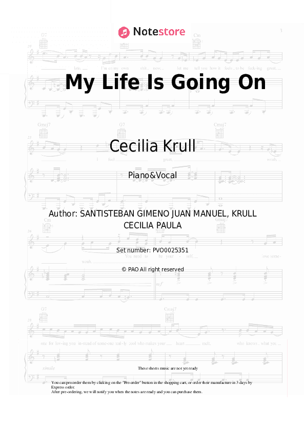 My Life Is Going On - Cecilia Krull Piano Sheet Music with the Voice part - Piano&Vocal