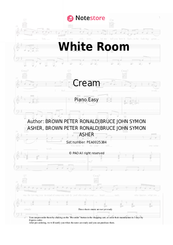 White Room - Cream Piano Sheet Music Easy - Piano.Easy