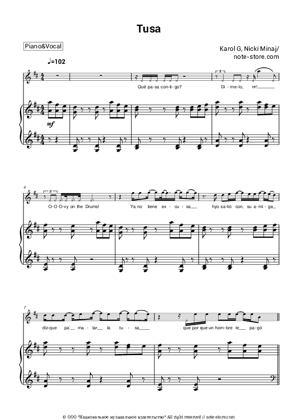 Tusa - Karol G, Nicki Minaj Piano Sheet Music with the Voice part - Piano&Vocal