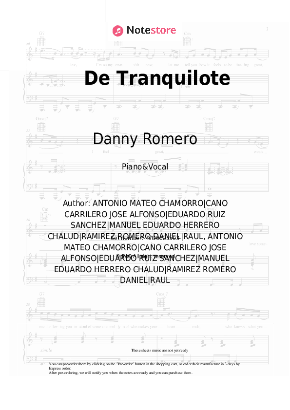De Tranquilote - Danny Romero, Lerica Piano Sheet Music with the Voice part - Piano&Vocal