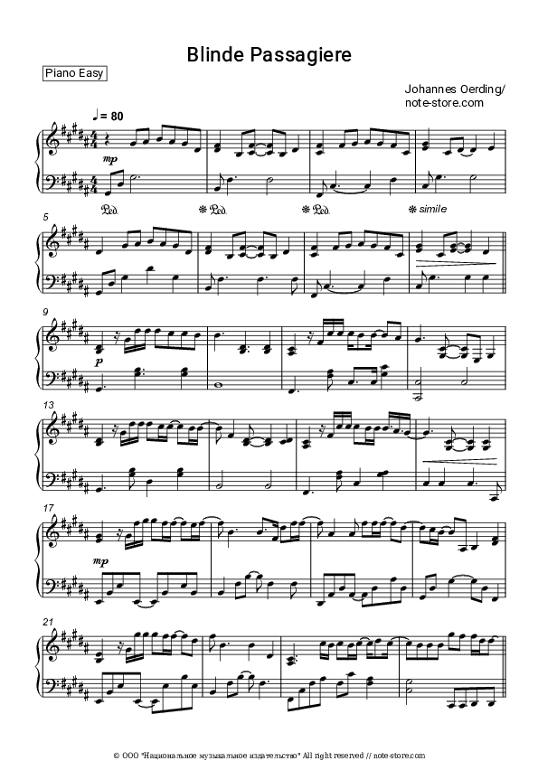 Blinde Passagiere - Johannes Oerding Piano Sheet Music Easy - Piano.Easy