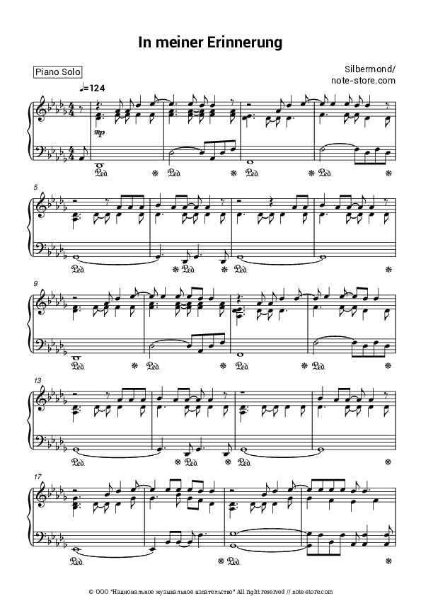 In meiner Erinnerung - Silbermond Piano Sheet Music - Piano.Solo