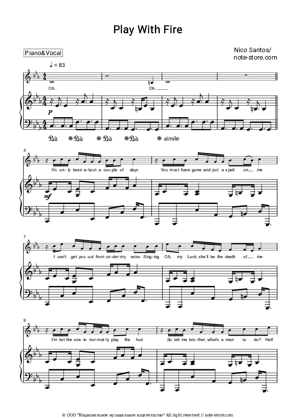 Play With Fire - Nico Santos Piano Sheet Music with the Voice part - Piano&Vocal