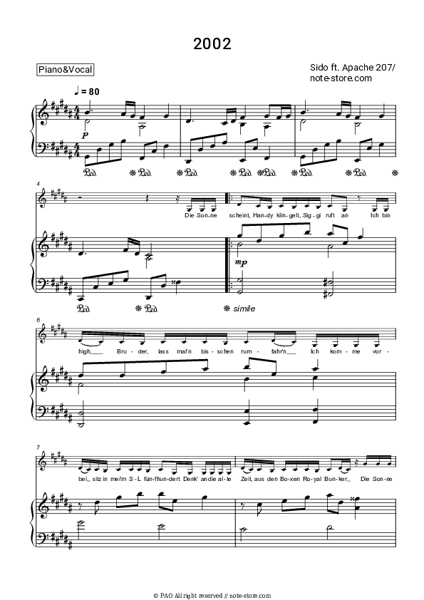 2002 - Sido, Apache 207 Piano Sheet Music with the Voice part - Piano&Vocal