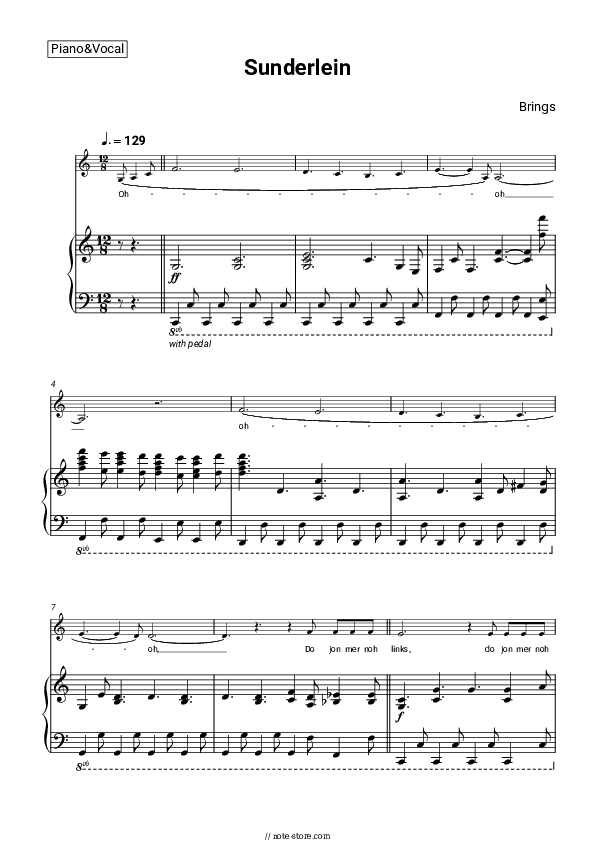 Sunderlein - Brings Piano Sheet Music with the Voice part - Piano&Vocal