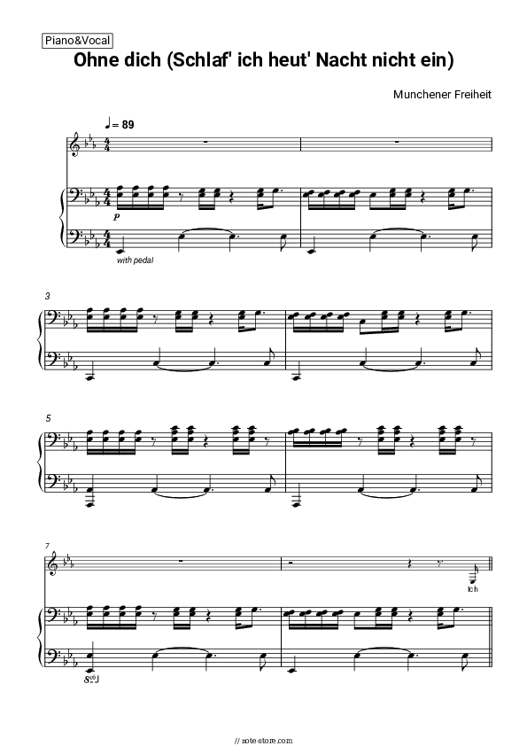 Ohne dich (Schlaf' ich heut' Nacht nicht ein) - Munchener Freiheit Piano Sheet Music with the Voice part - Piano&Vocal