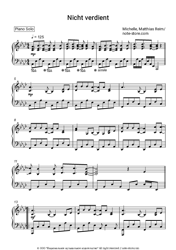Nicht verdient - Michelle, Matthias Reim Piano Sheet Music - Piano.Solo