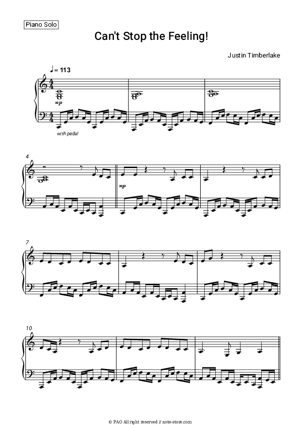 Can't Stop the Feeling! - Justin Timberlake Piano Sheet Music - Piano.Solo