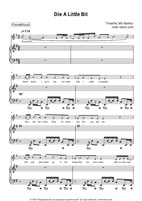 Die A Little Bit - Tinashe, Ms Banks Piano Sheet Music with the Voice part - Piano&Vocal