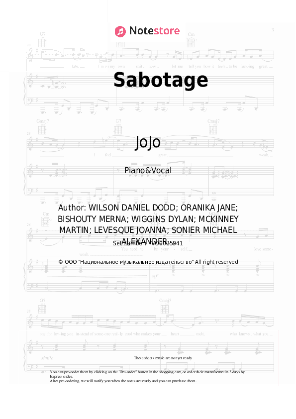 Sabotage - JoJo, CHIKA Piano Sheet Music with the Voice part - Piano&Vocal