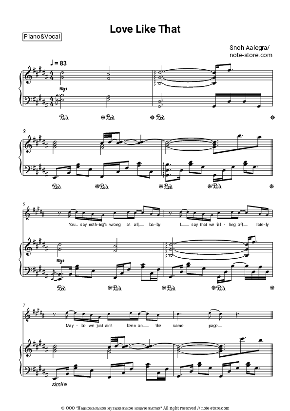 Love Like That - Snoh Aalegra Piano Sheet Music with the Voice part - Piano&Vocal