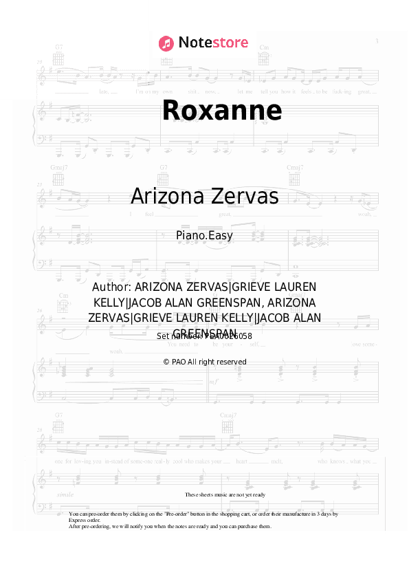Roxanne - Arizona Zervas Piano Sheet Music Easy - Piano.Easy