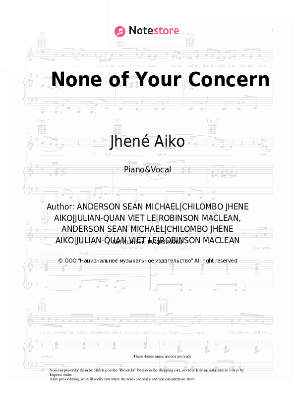 None of Your Concern - Jhené Aiko Piano Sheet Music with the Voice part - Piano&Vocal