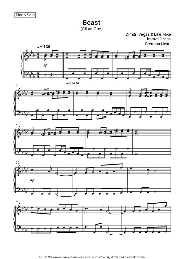 Beast (All as One) - Dimitri Vegas & Like Mike, Ummet Ozcan, Brennan Heart Piano Sheet Music - Piano.Solo