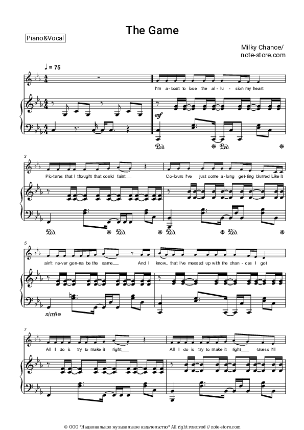 The Game - Milky Chance Piano Sheet Music with the Voice part - Piano&Vocal