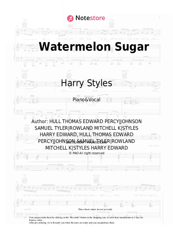 Watermelon Sugar - Harry Styles Piano Sheet Music with the Voice part - Piano&Vocal