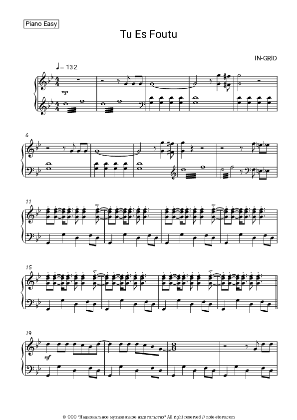Tu Es Foutu - In-Grid Piano Sheet Music Easy - Piano.Easy