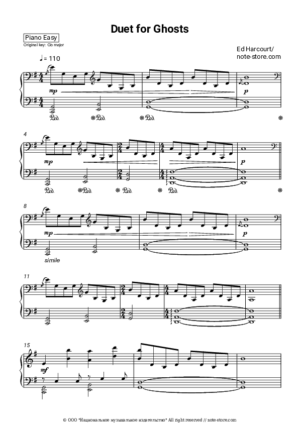 Duet For Ghosts - Ed Harcourt Piano Sheet Music Easy - Piano.Easy