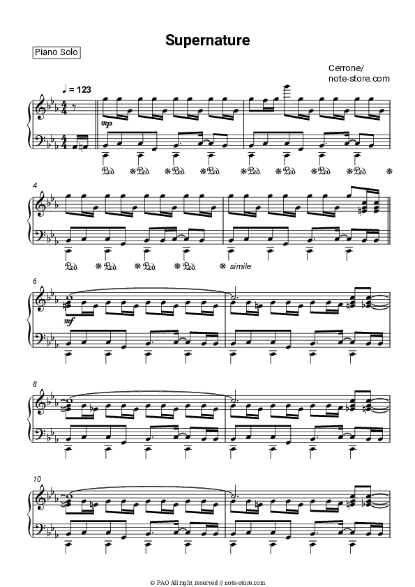 Supernature - Cerrone Piano Sheet Music - Piano.Solo