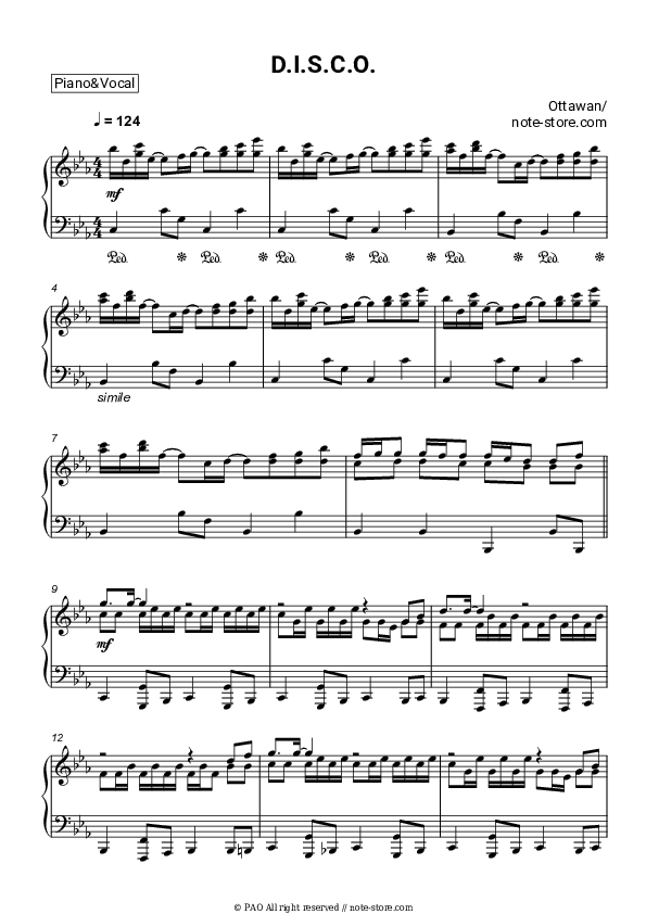 D.I.S.C.O. - Ottawan Piano Sheet Music with the Voice part - Piano&Vocal