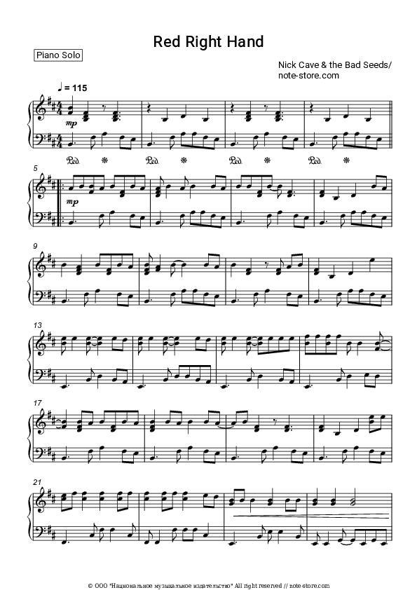 Red Right Hand - Nick Cave & the Bad Seeds Piano Sheet Music - Piano.Solo