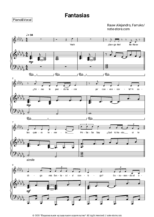 Fantasias - Rauw Alejandro, Farruko Piano Sheet Music with the Voice part - Piano&Vocal