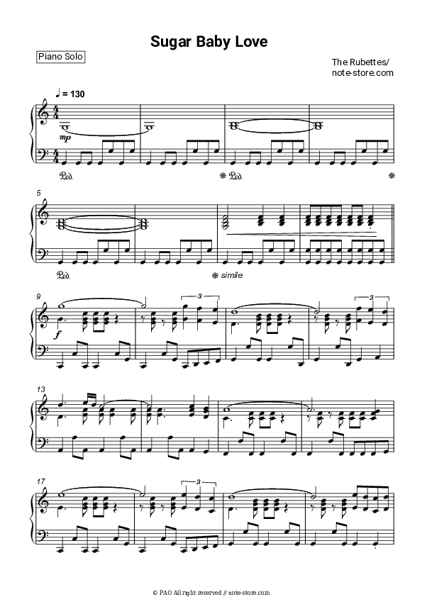Sugar Baby Love - The Rubettes Piano Sheet Music - Piano.Solo