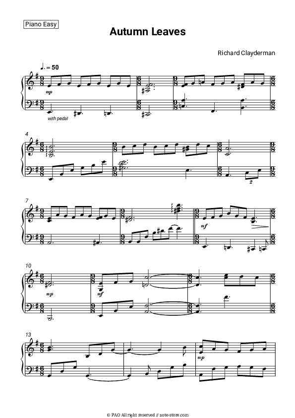 Autumn Leaves - Richard Clayderman Piano Sheet Music Easy - Piano.Easy