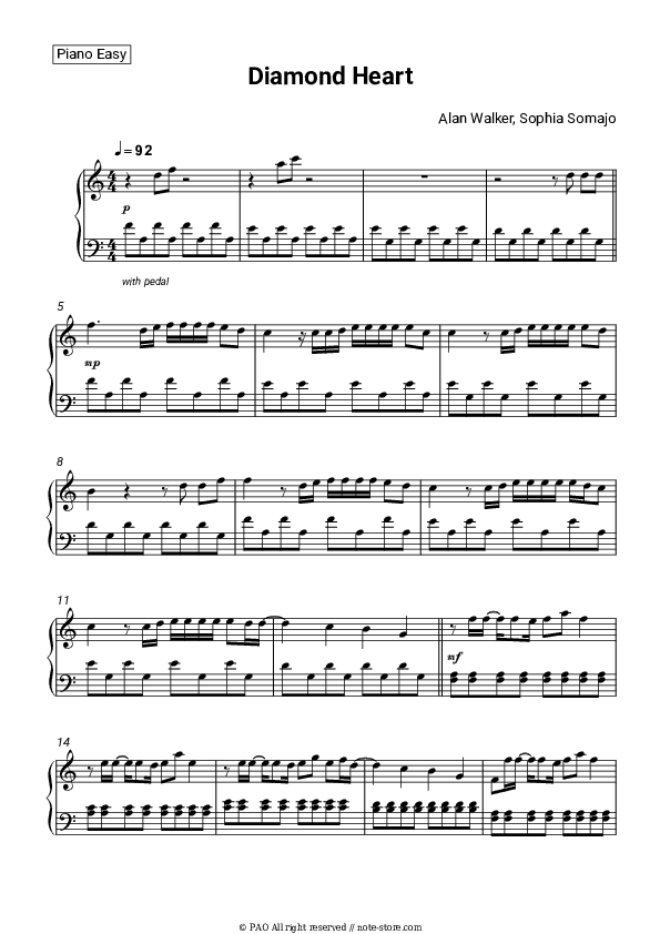 Diamond Heart - Alan Walker, Sophia Somajo Piano Sheet Music Easy - Piano.Easy