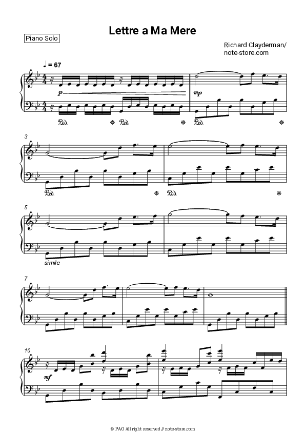 Lettre a Ma Mere - Richard Clayderman Piano Sheet Music - Piano.Solo
