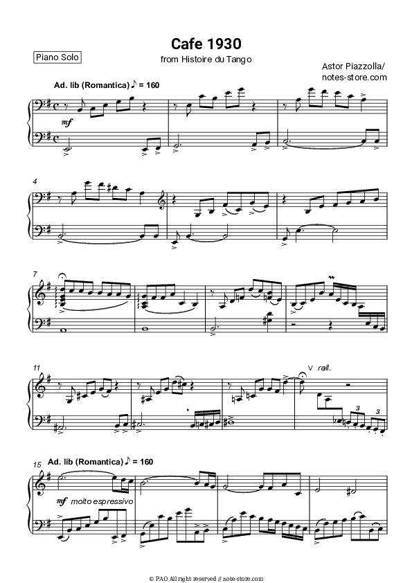 Histoire du Tango - Cafe 1930 - Astor Piazzolla Piano Sheet Music - Piano.Solo