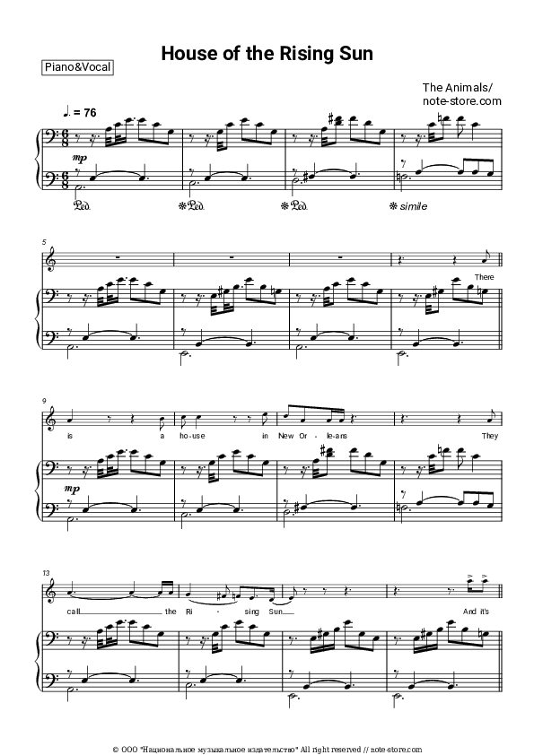 House of the Rising Sun - The Animals Piano Sheet Music with the Voice part - Piano&Vocal