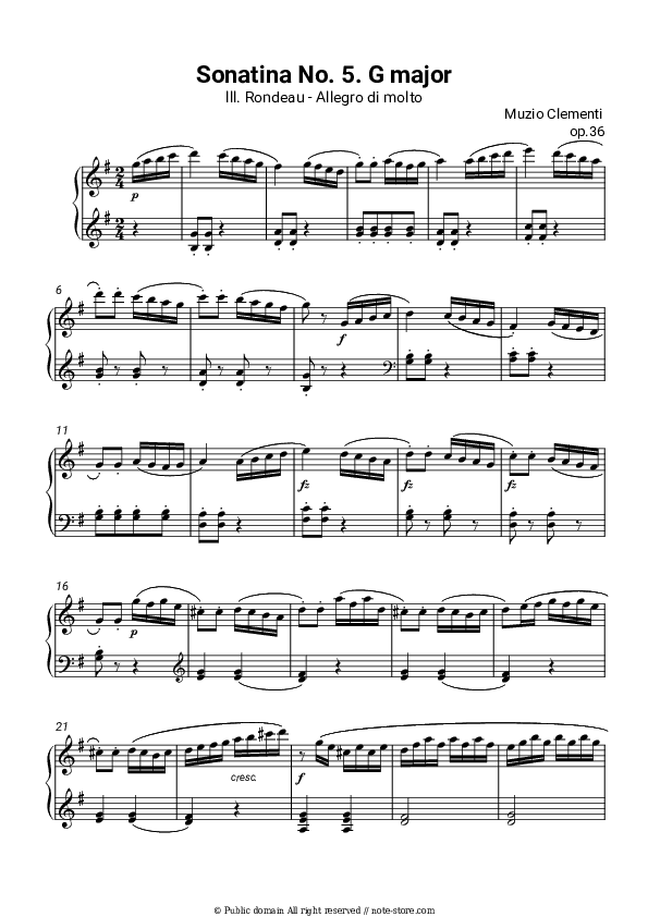 Sonatina Op. 36, No. 5 in G major: lll. Rondeau - Allegro di molto - Muzio Clementi Piano Sheet Music - Piano.Solo