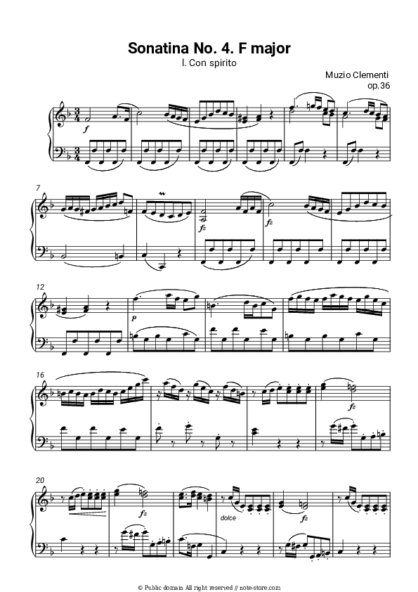 Sonatina Op. 36, No. 4 in F major: l. Con spirito - Muzio Clementi Piano Sheet Music - Piano.Solo