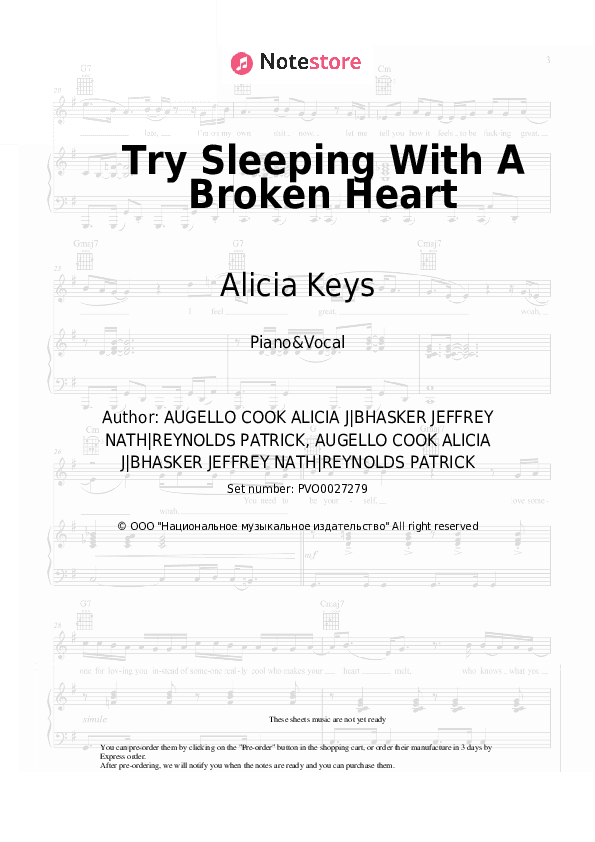 Try Sleeping With A Broken Heart - Alicia Keys Piano Sheet Music with the Voice part - Piano&Vocal
