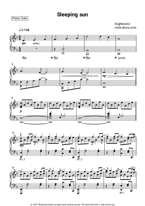 Sleeping sun - Nightwish Piano Sheet Music - Piano.Solo