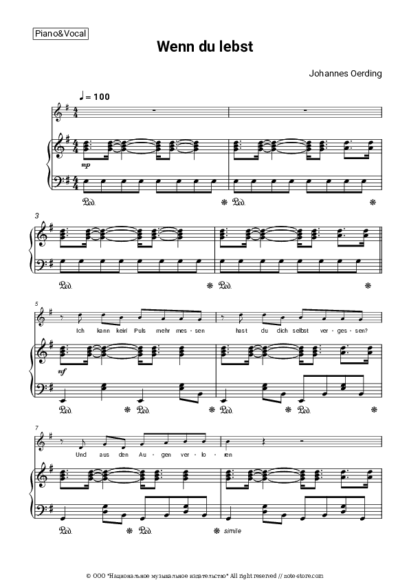 Wenn du lebst - Johannes Oerding Piano Sheet Music with the Voice part - Piano&Vocal