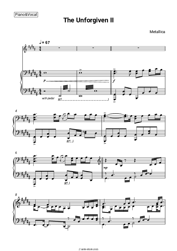 The Unforgiven II - Metallica Piano Sheet Music with the Voice part - Piano&Vocal