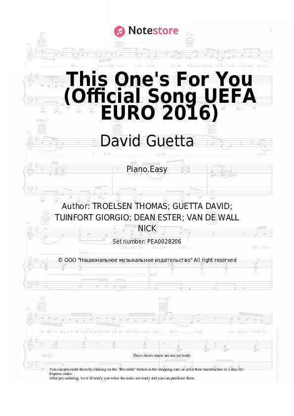 This One's For You (Official Song UEFA EURO 2016) - David Guetta, Zara Larsson Piano Sheet Music Easy - Piano.Easy