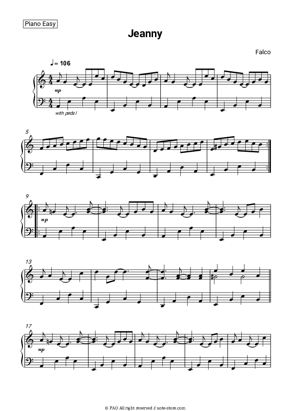 Jeanny - Falco Piano Sheet Music Easy - Piano.Easy