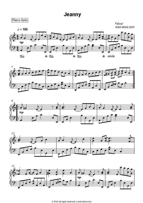 Jeanny - Falco Piano Sheet Music - Piano.Solo
