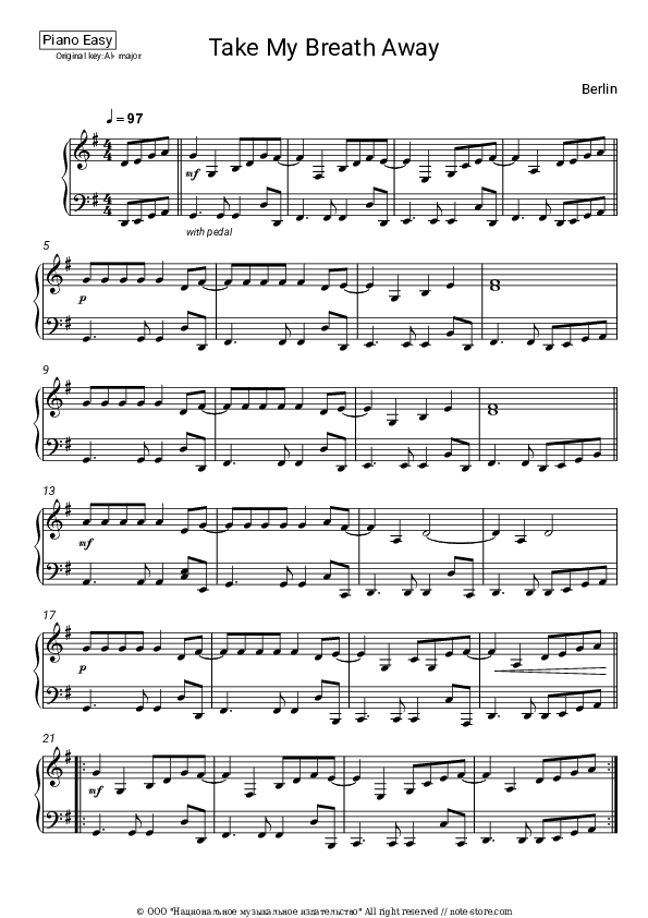 Take My Breath Away - Berlin Piano Sheet Music Easy - Piano.Easy