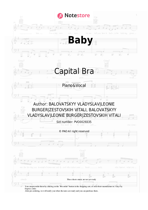Baby - Capital Bra, VIZE Piano Sheet Music with the Voice part - Piano&Vocal